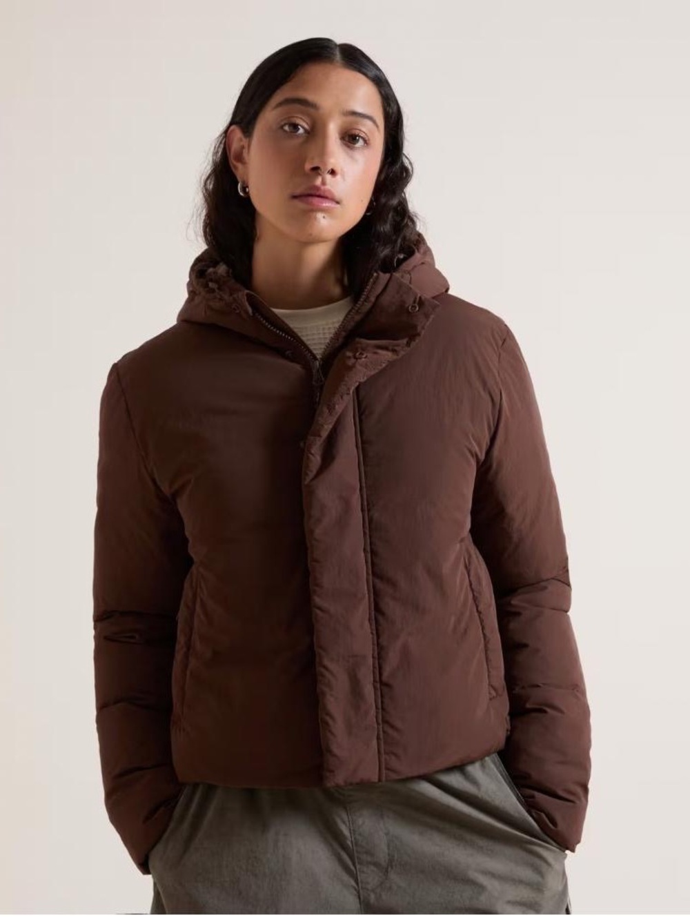 K Way Women's Hooded Brown Puffer Bomber Jacket